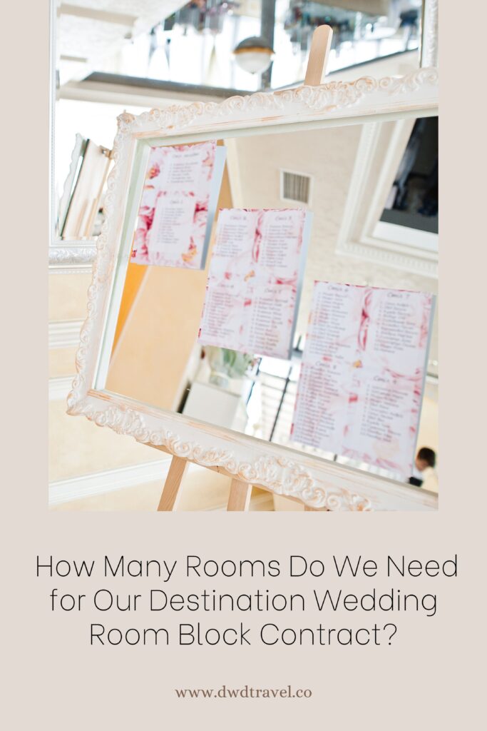 DWD Travel & Destination Weddings Pinterest Graphic Titled How Many Rooms do we need for our destination wedding room block contract with a photo of a seating chart