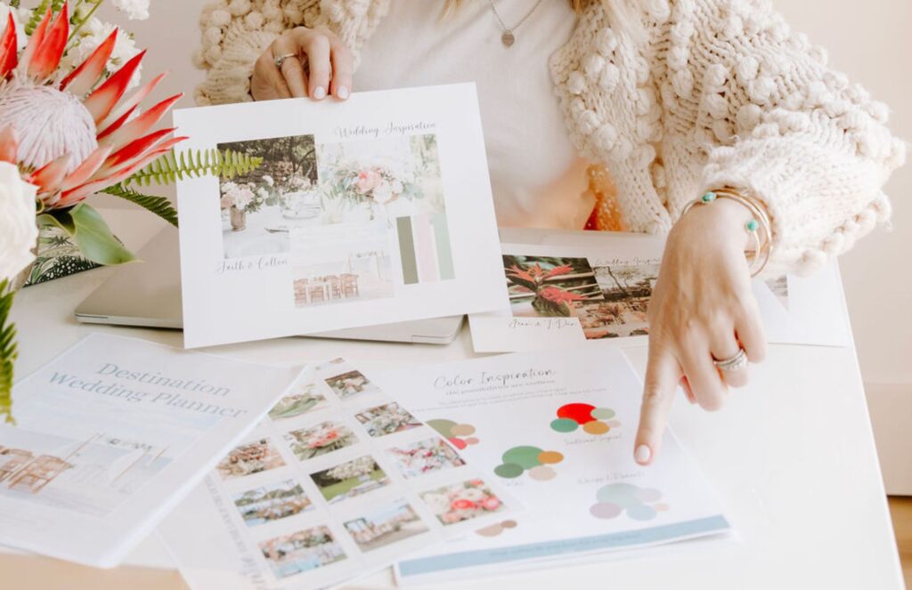 Wedding Planner Reviewing Destination wedding planning documents and color schemes