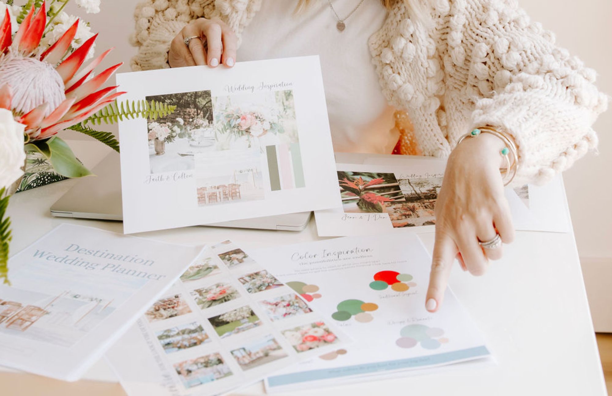 Wedding Planner Reviewing Destination wedding planning documents and color schemes