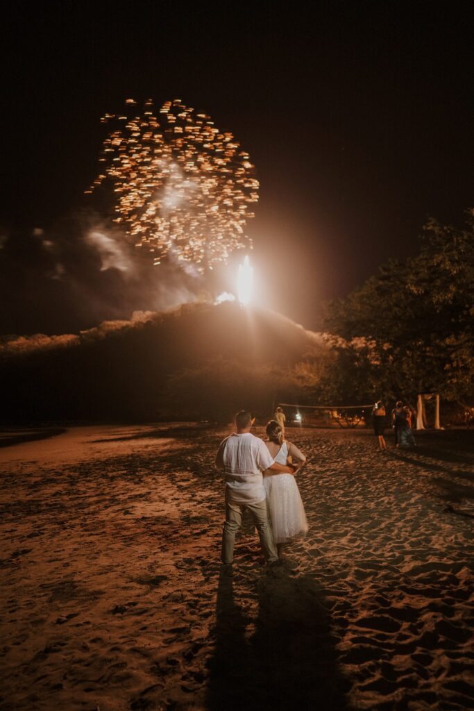 Real Destination Wedding Couple Jenn and Dan at Dreams Las Mareas Costa Rica Fireworks
