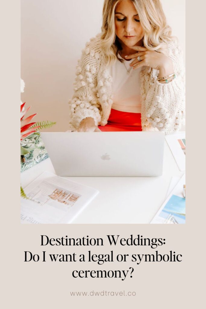 Woman on Computer reviewing legal and symbolic destination wedding ceremony requirements