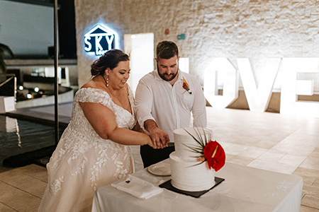 Bride and groom cut the cake at the reception