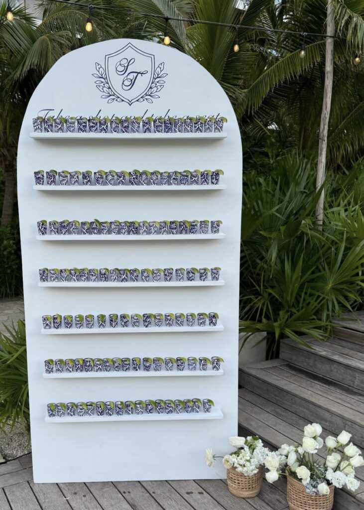 Secrets Moxche Playa del Carmen Real Wedding Shot Glass Seating Chart with Talavera Pottery