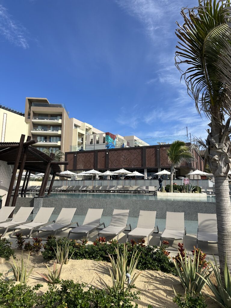 Unoccupied terrace venue with city and resort views at Hard Rock Los Cabos.