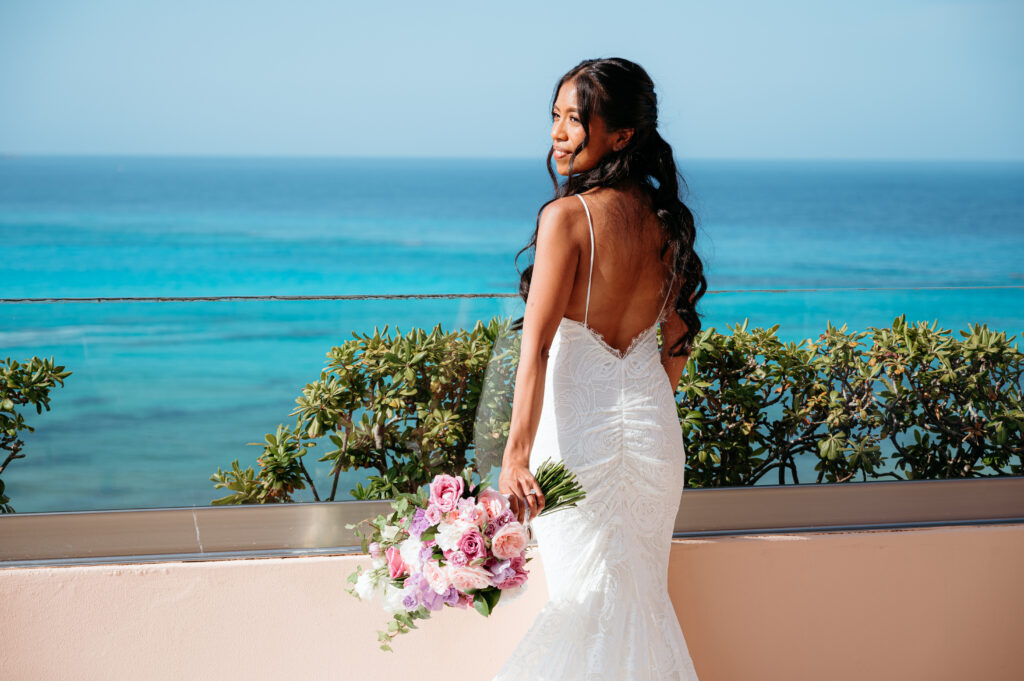 destination wedding bride with an ocean background