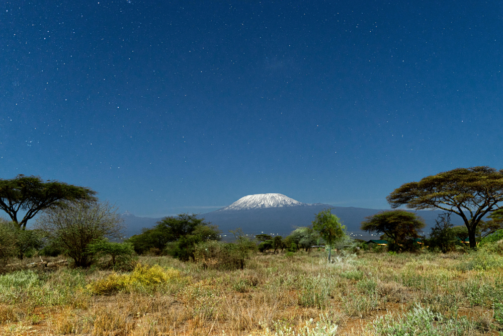 Snow-capped Mount Kilimanjaro rises above the African savanna under a starry night sky, a serene scene perfect for couples seeking unique luxury honeymoon destinations.