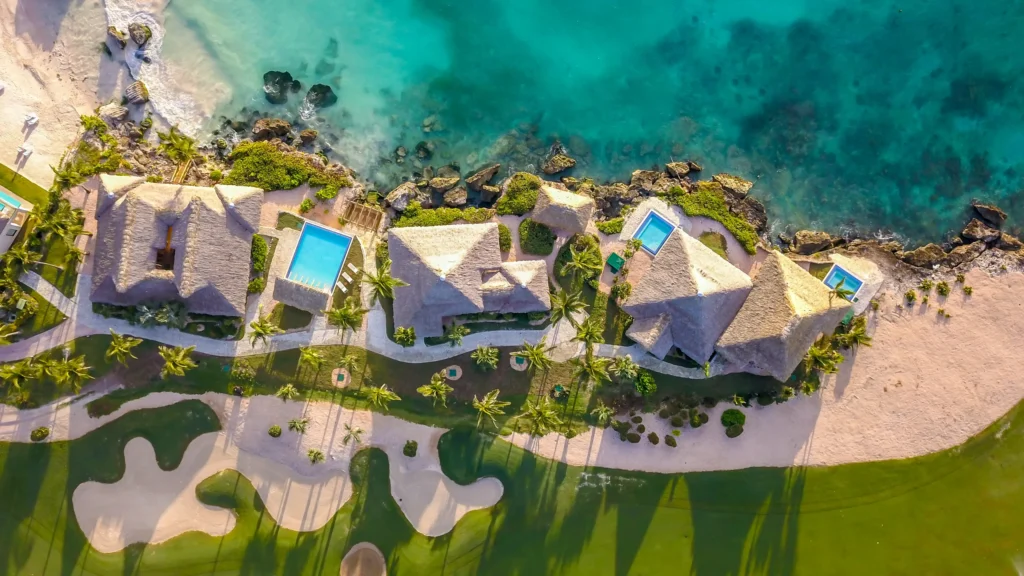 Aerial view of one of the Caribbean’s premier honeymoon destinations with private pools. Eden roc cap Cana