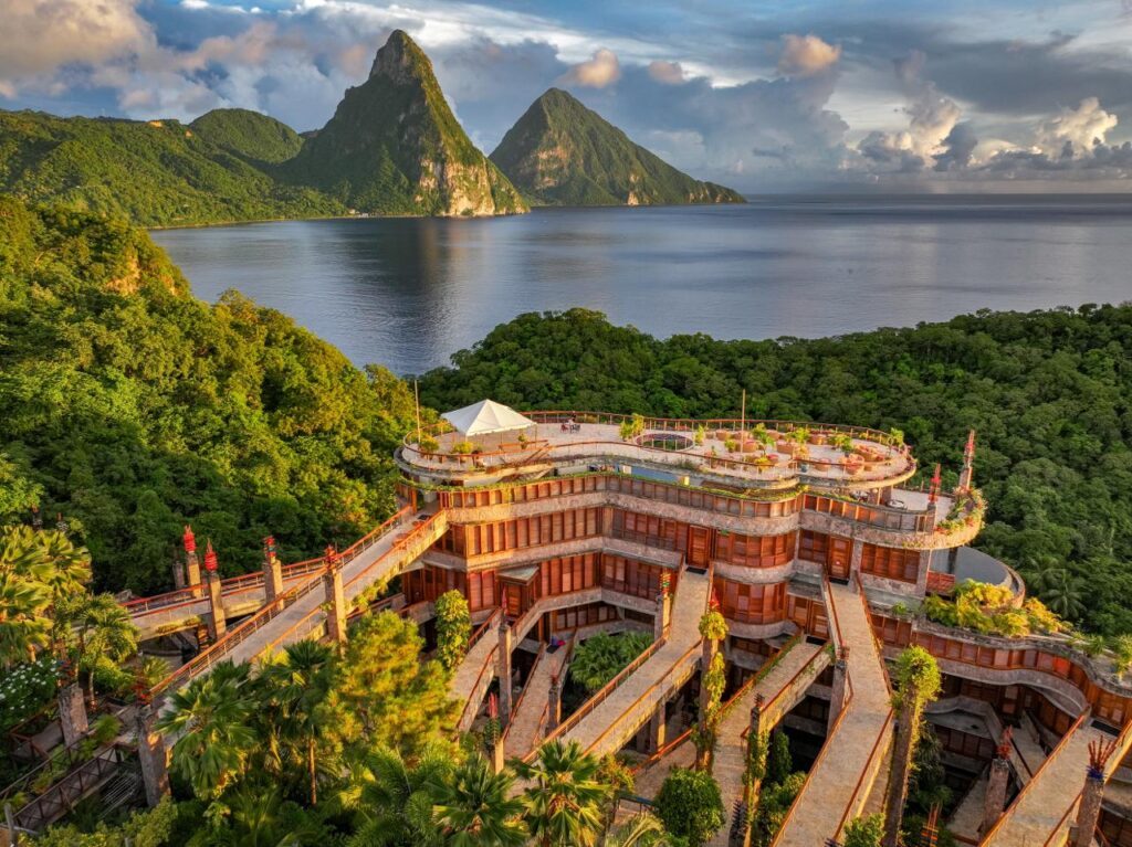 Scenic resort in St. Lucia—one of the most dramatic luxury honeymoon destinations. Jade Mountain