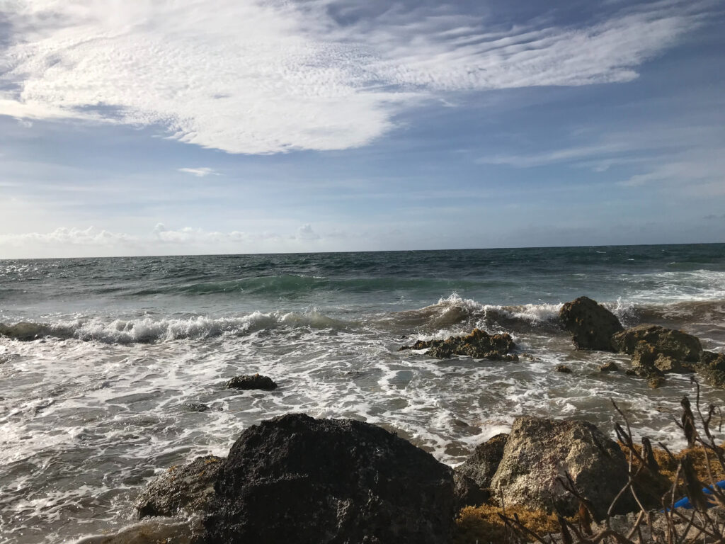 Rocky shoreline with crashing waves, offering a dramatic coastal view for a destination wedding backdrop.
