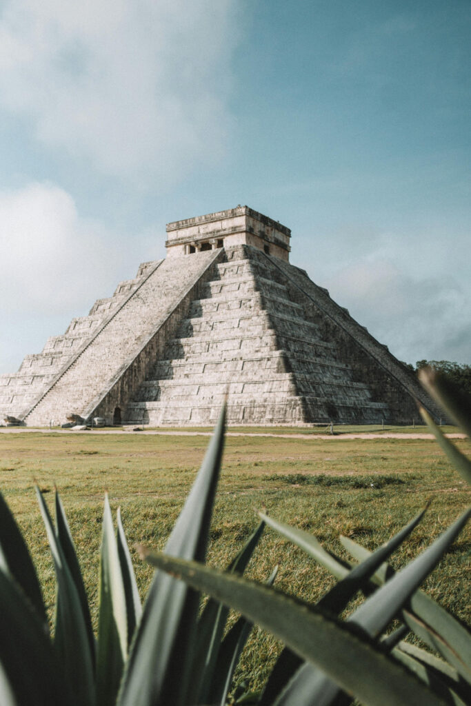 Ancient Mayan pyramid stands tall under a clear sky, surrounded by grass and agave plants in Mexico.