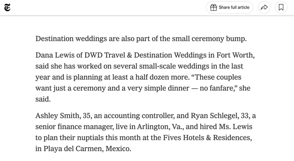 Screenshot from The New York Times article on small wedding celebrations