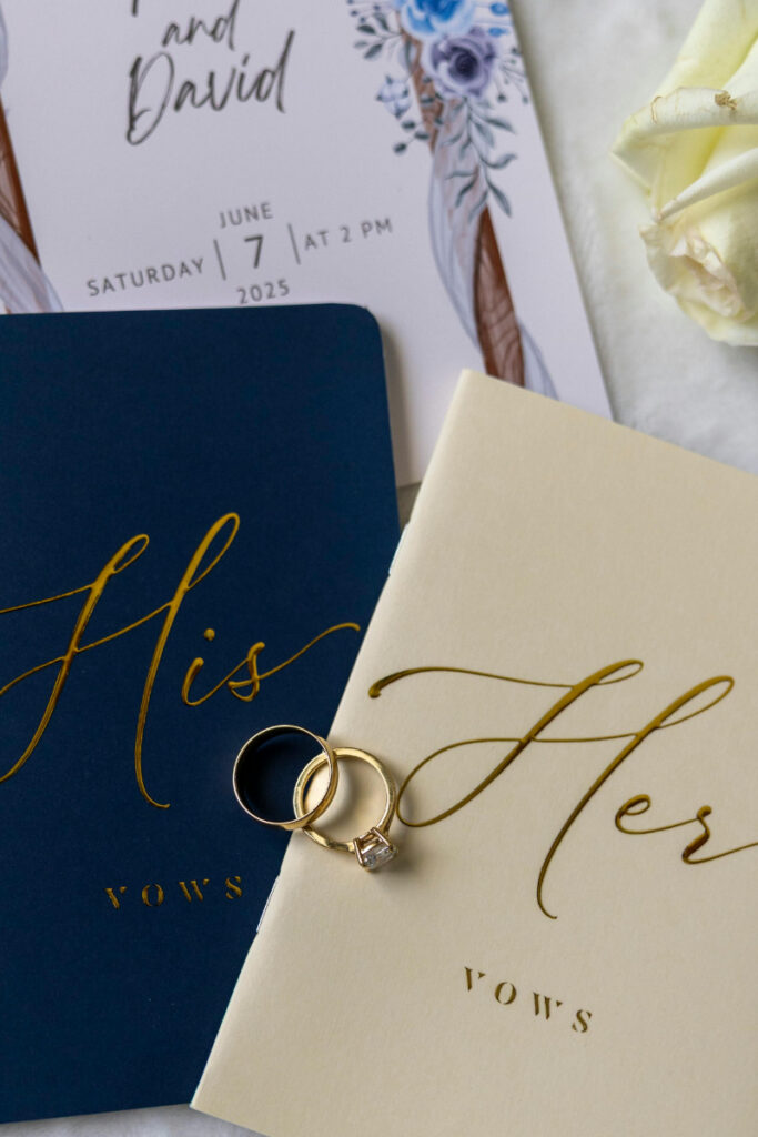 Wedding invitation suite with passport and rings, elegant travel theme styled for a stress free wedding experience